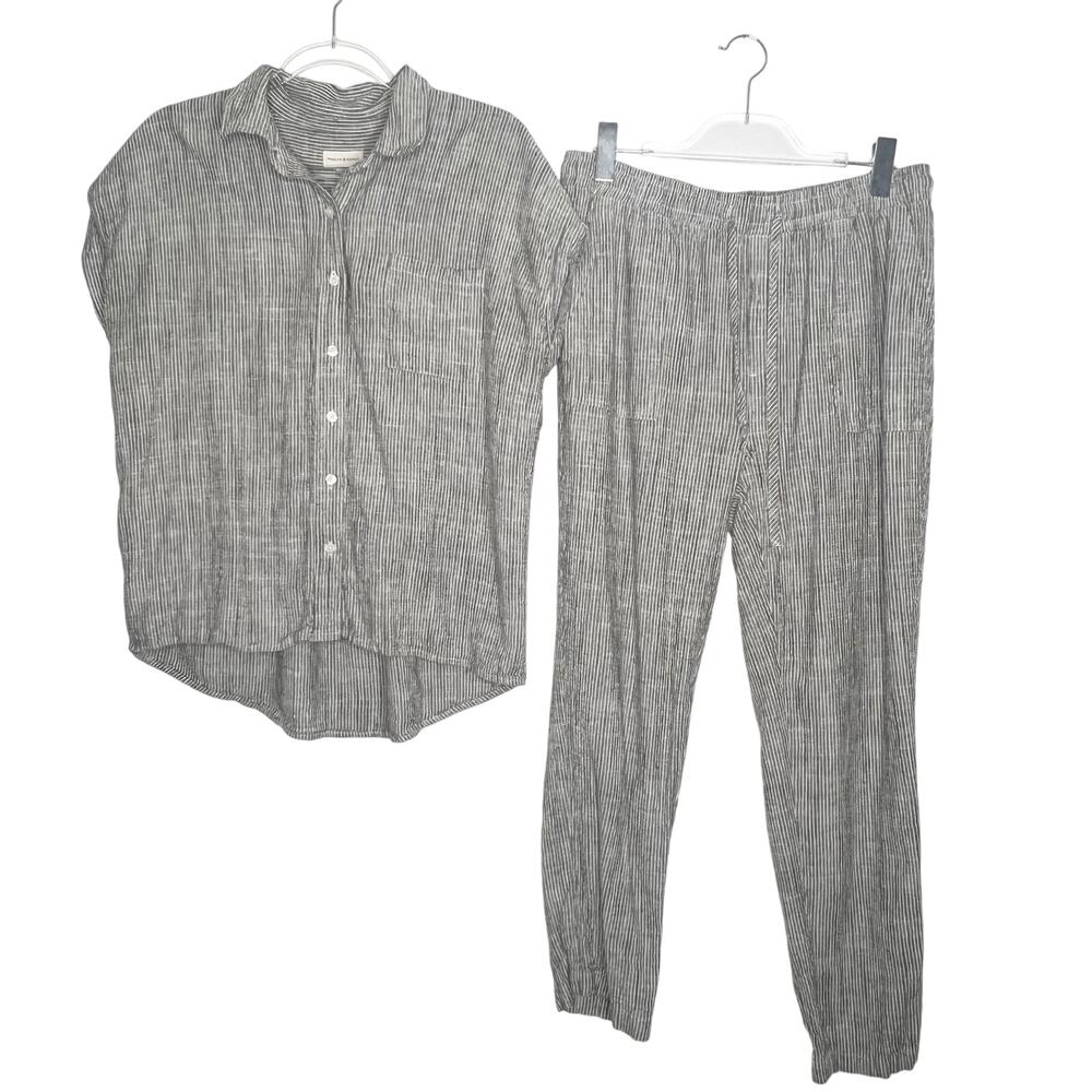 THREAD & SUPPLY Pinstriped Button Up Shirt & Drawstring Pant Set Gray Size Large